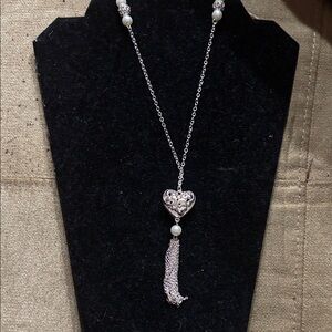 Kim Roders Silver Heart Tassel Pendant Necklace with Pearl Accent